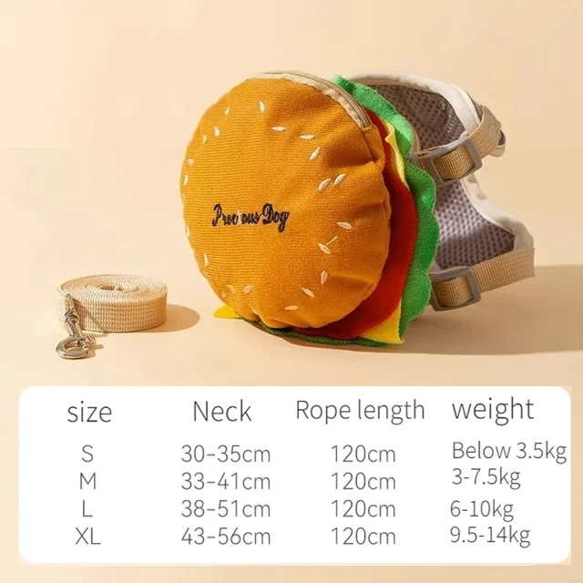 Pet Backpack Traction Rope Cat Vest Dog Chest Strap Going Out for A Walk Dog Rope Cartoon Hamburger Backpack Dog Traction Rope (Hamburger,L)