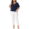 thumbnail image 2 of Agnes Orinda Women's Plus Size Cropped Tops V Neck Short Sleeve Button Down Summer Casual Shirt 1X Navy Blue, 2 of 6