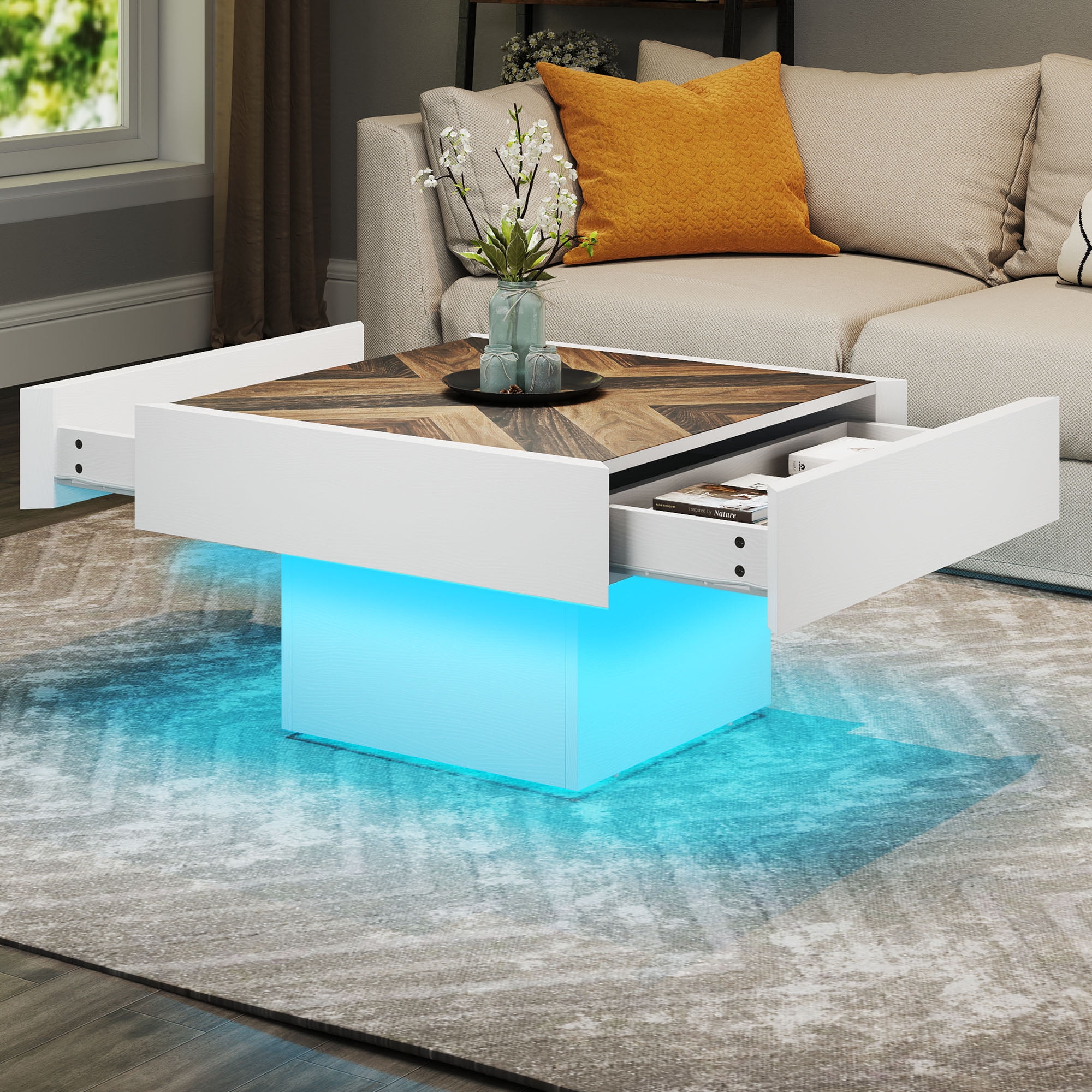 Dextrus Farmhouse LED Coffee Tables Square Center Table with Storage for Living Room, White
