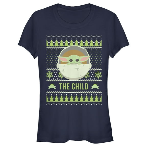 Junior's Star Wars The Mandalorian The Child Ugly Christmas Frog  Graphic Tee Navy Blue X Large