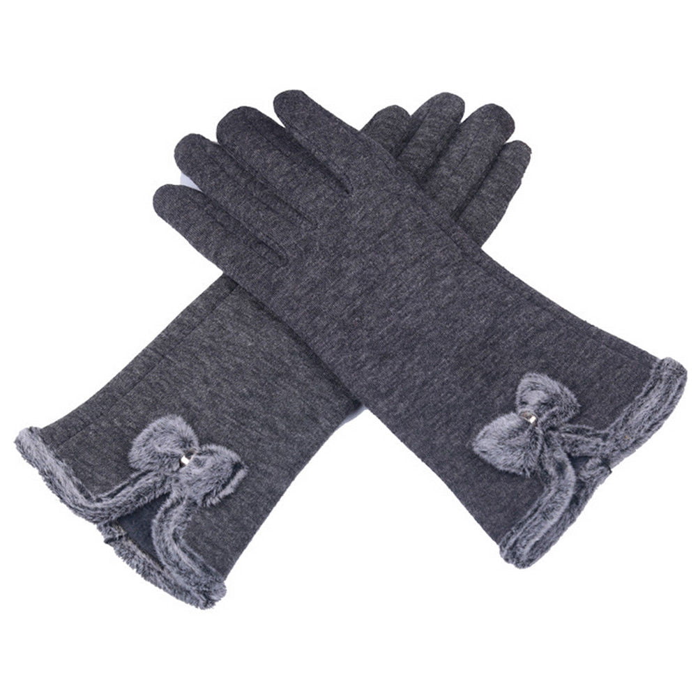 Women's Bow Plush Warm Full Finger Winter Autumn Wool Cotton Gloves Mittens 