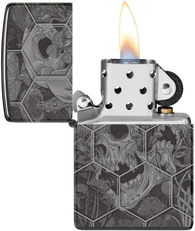 Zippo - Customized Message on Mushroom Skulls High Polish Black Pocket 46425