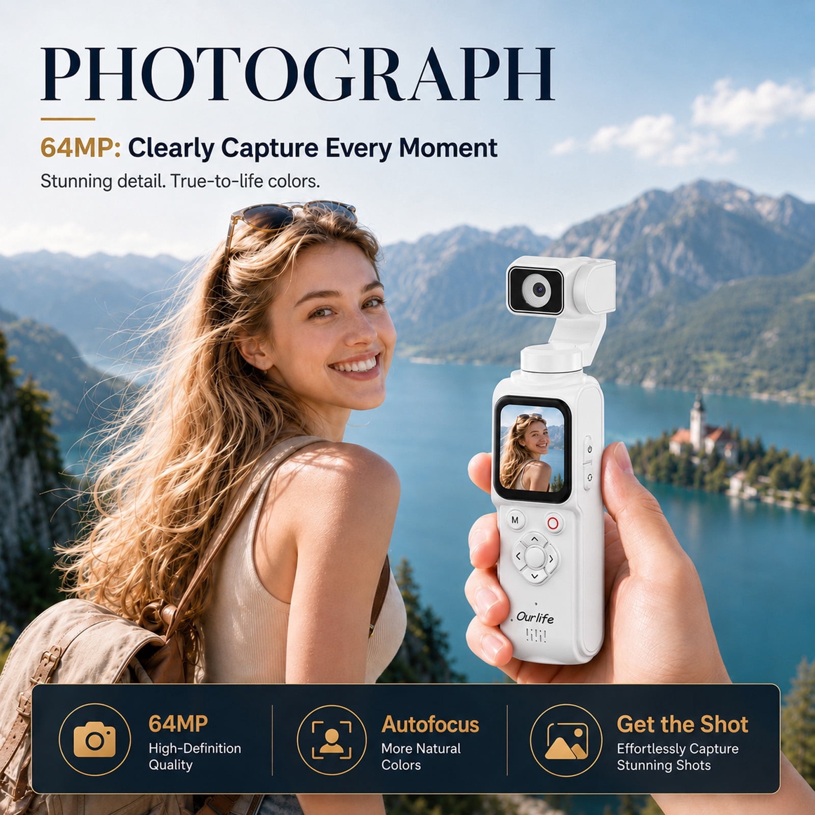 Ourlife White 4K Digital Camera, Pocket Gimbal with 330° Rotation, 1.72" Touch Screen, Face Tracking, 2400mAh Battery, 64GB Card, Compact Camera for Vlogging