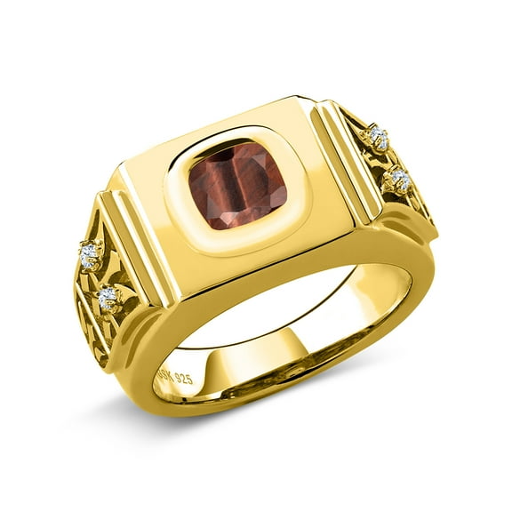 Gem Stone King 2.04 Ct Cushion Red Tiger Eye 18K Yellow Gold Plated Silver Men's Ring (Size 8)