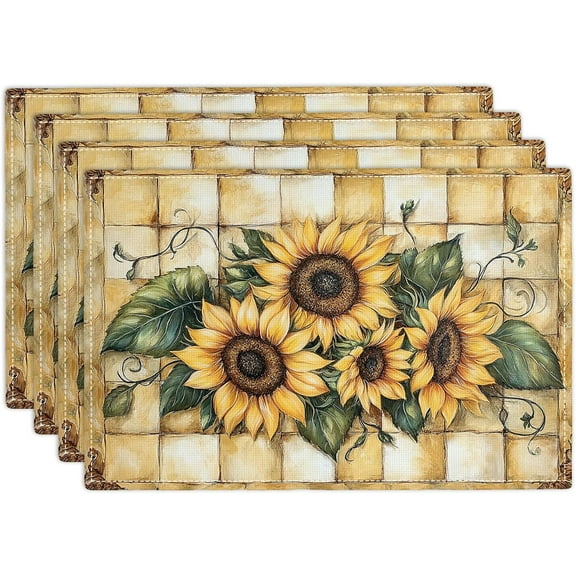 Farmhouse Sunflower Placemats Set of 4, Country Flowers Place Mats, Rustic Yellow Check Dining Table Mats, Washable Placemats for Kitchen Dining Room Home Decor 18L'' × 12W''