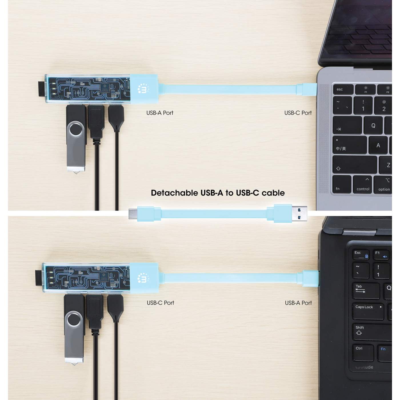 Manhattan Transparent 4-Port USB 3.0 Type-C / Type-A Combo Hub | Teal