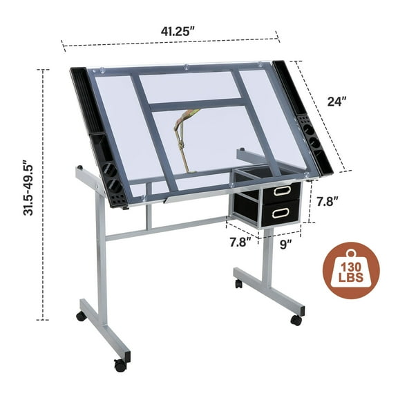 Adjustable Rolling Drafting Table with Tempered Glass Desktop, Art Craft Workstation with Storage Shelf and Drawers, Height & Angle Adjustable, Silver/Black