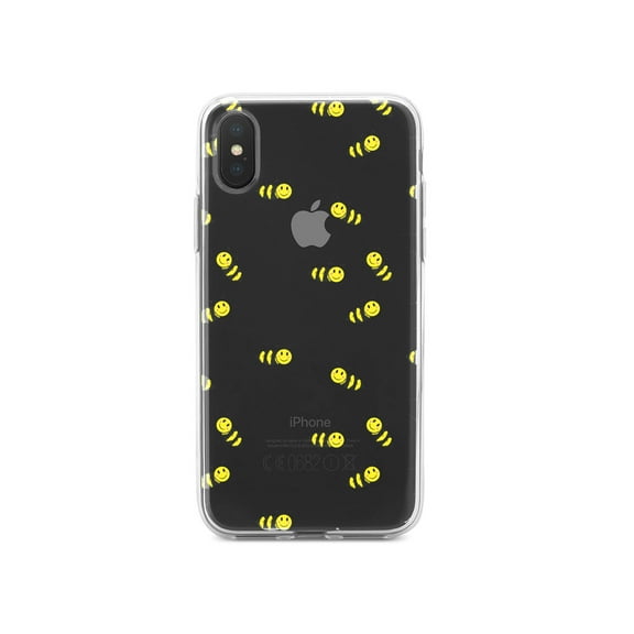 DistinctInk Clear Shockproof Hybrid Case for iPhone XR (6.1" Screen) - TPU Bumper, Acrylic Back, Tempered Glass Screen Protector - Repeating Bumble bees