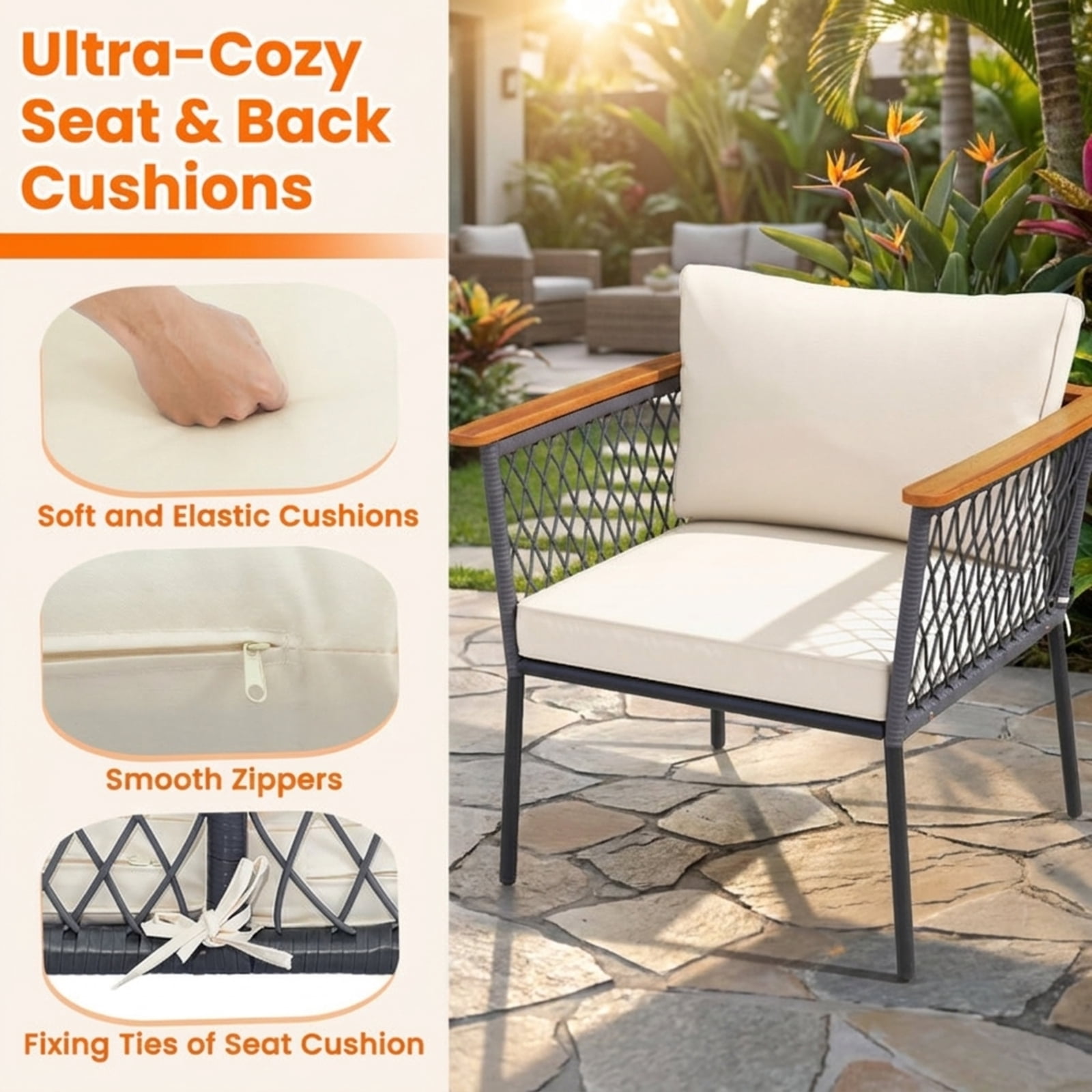 Furnibear 4 Piece Patio Furniture Set Outdoor Wicker Conversation Set with Cushioned Sofas and 2 Tier Coffee Table for Backyard Garden, Gray