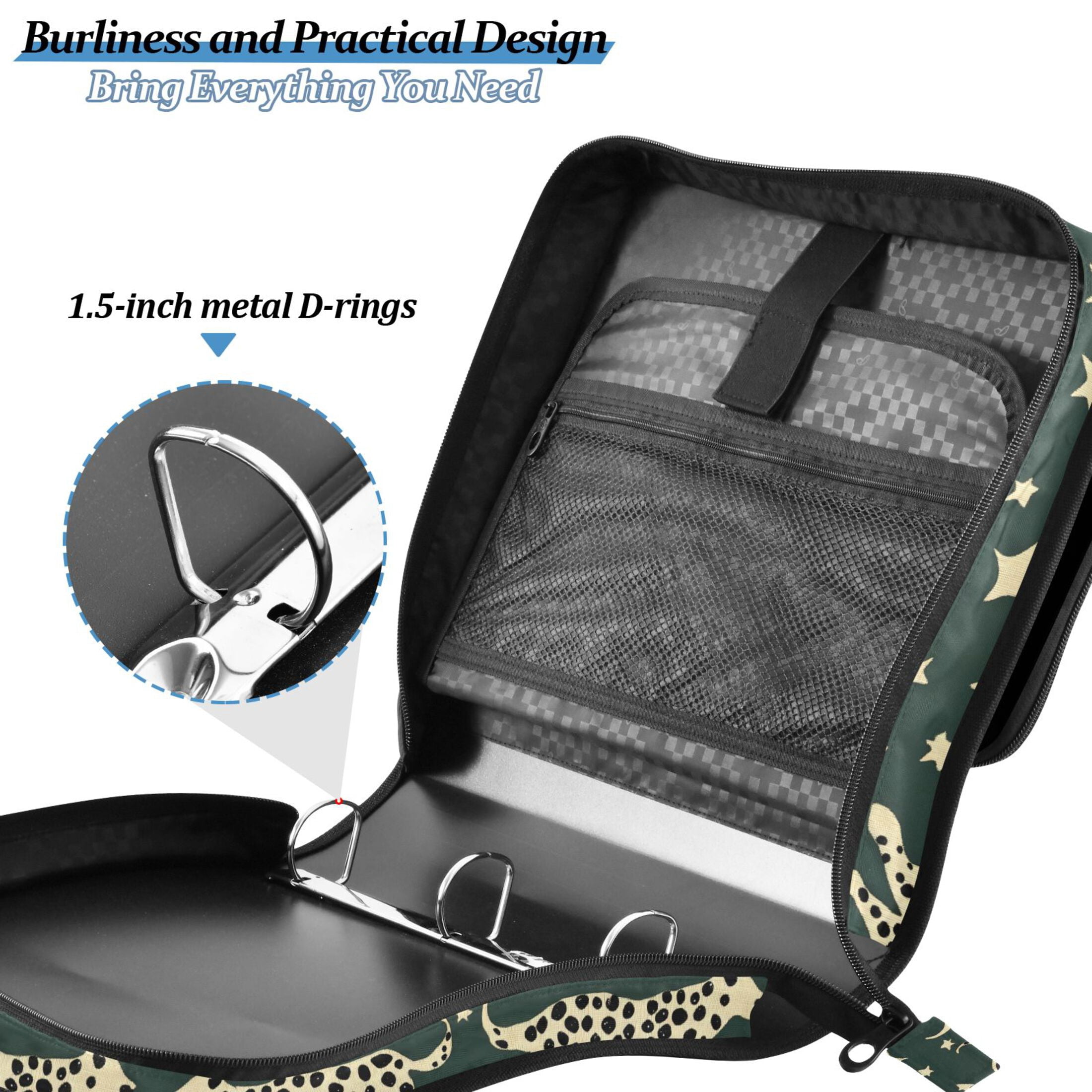 3 Ring Zipper Binder with Shoulder Strap Waterproof Trapper Keeper 2 Inch D-Ring 500 Sheets Capacity Leopard and Stars
