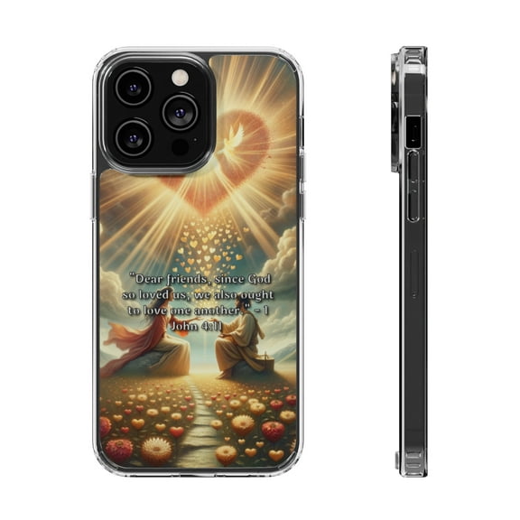 DistinctInk Hybrid (Acrylic / TPU) Clear Slim Fit Case for Apple iPhone 13 Pro MAX (6.7" Screen) - "1 John 4:11 - Loving One Another Through God's Love"