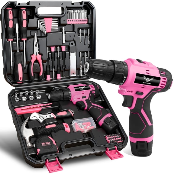JENABOM Pink Tool Set for Women-12V Cordless Drill Kit, 151 Pcs Box With Hand Drill, Home Tool Kits , Perfect for Homeowner, DIY