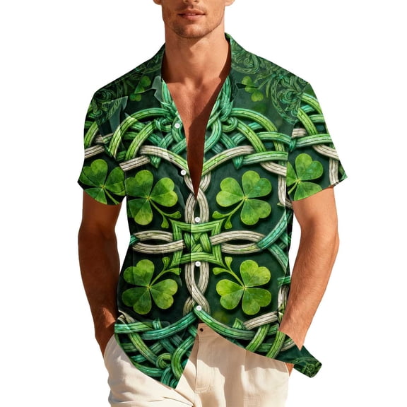 hlysgo Men's St Patricks Day Button Down Shirts Irish Shamrock Graphic Tee Funny St Patty's Day Shirts Gift for Him Short Sleeve Tops Green L
