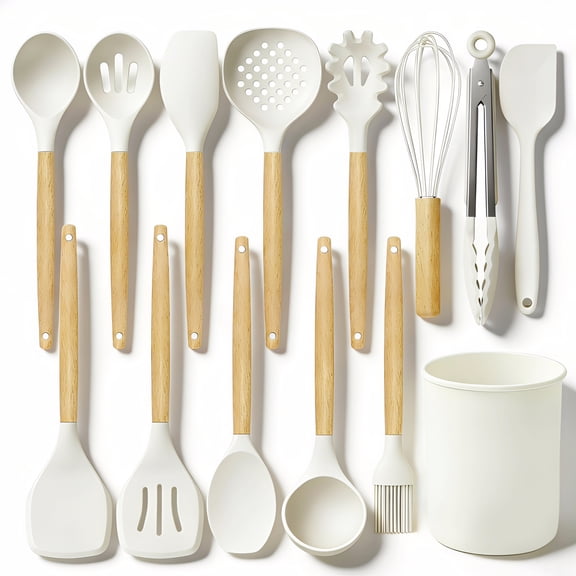 cisilov 14-Piece Silicone Cooking Utensils Set, Non-Stick Kitchen Utensil Set for Baking, Flipping, Mixing, White