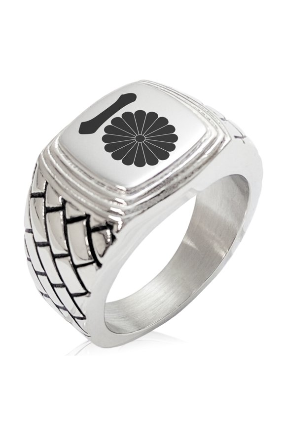 Stainless Steel Nasu Samurai Crest Geometric Pattern Step-Down Biker Style Polished Ring