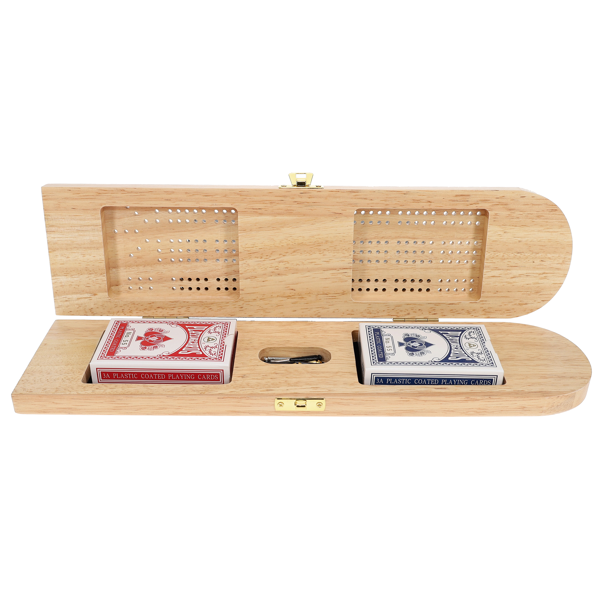 Pacific Shore Games Wooden Travel Cribbage Board Game Set, Continuous 3 Track, Natural