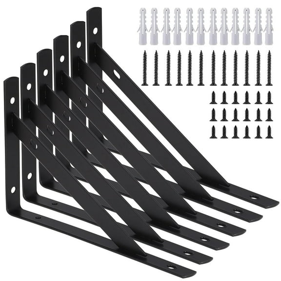 6 Pack Heavy Duty Shelf Brackets, 8*5 inch Wall Mount L-Shaped Shelf Bracket for Floating, Black Metal Shelf Brackets with Screws, 90 Degree Triangle Corner Brace Joint Angle Bracket(Black)