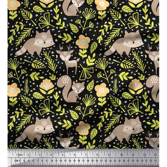 Soimoi Black Cotton Voile Fabric Reindeer & Squirrel Clip Art Print Sewing Fabric Yard 42 Inch Wide