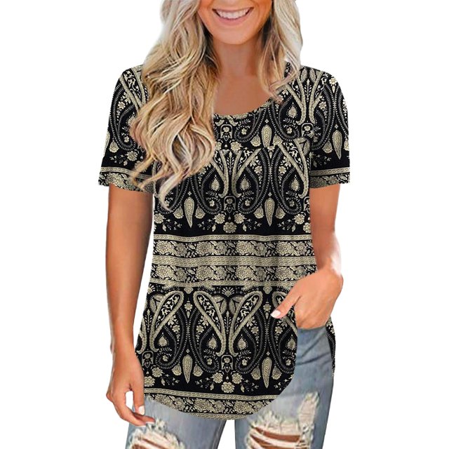 asddcavvf Blouse pour Femmes Hauts Grande Taille Manches Courtes Plis Chemises Imprimé Floral