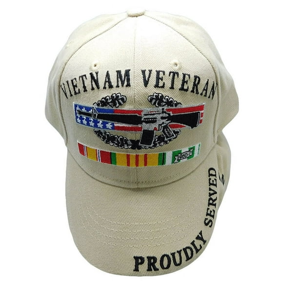 Vietnam Veteran Proudly Served Combat Veteran Ribbon Khaki Embroidered Cap Hat
