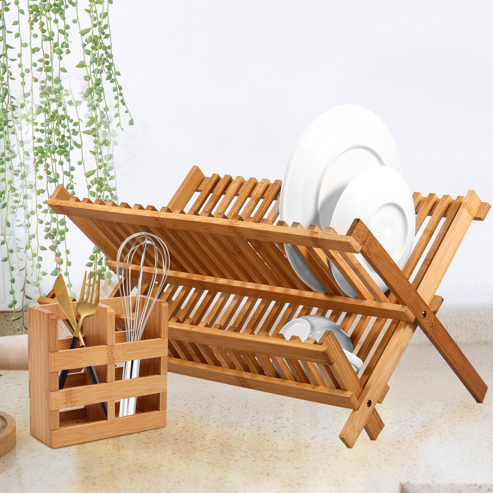 Jetcloudlive Bamboo Dish Drying Rack with Utensil Holder,Collapsible Wooden Dish Drainer Rack,2-Tier Large Folding Drying Holder for Kitchen Counter