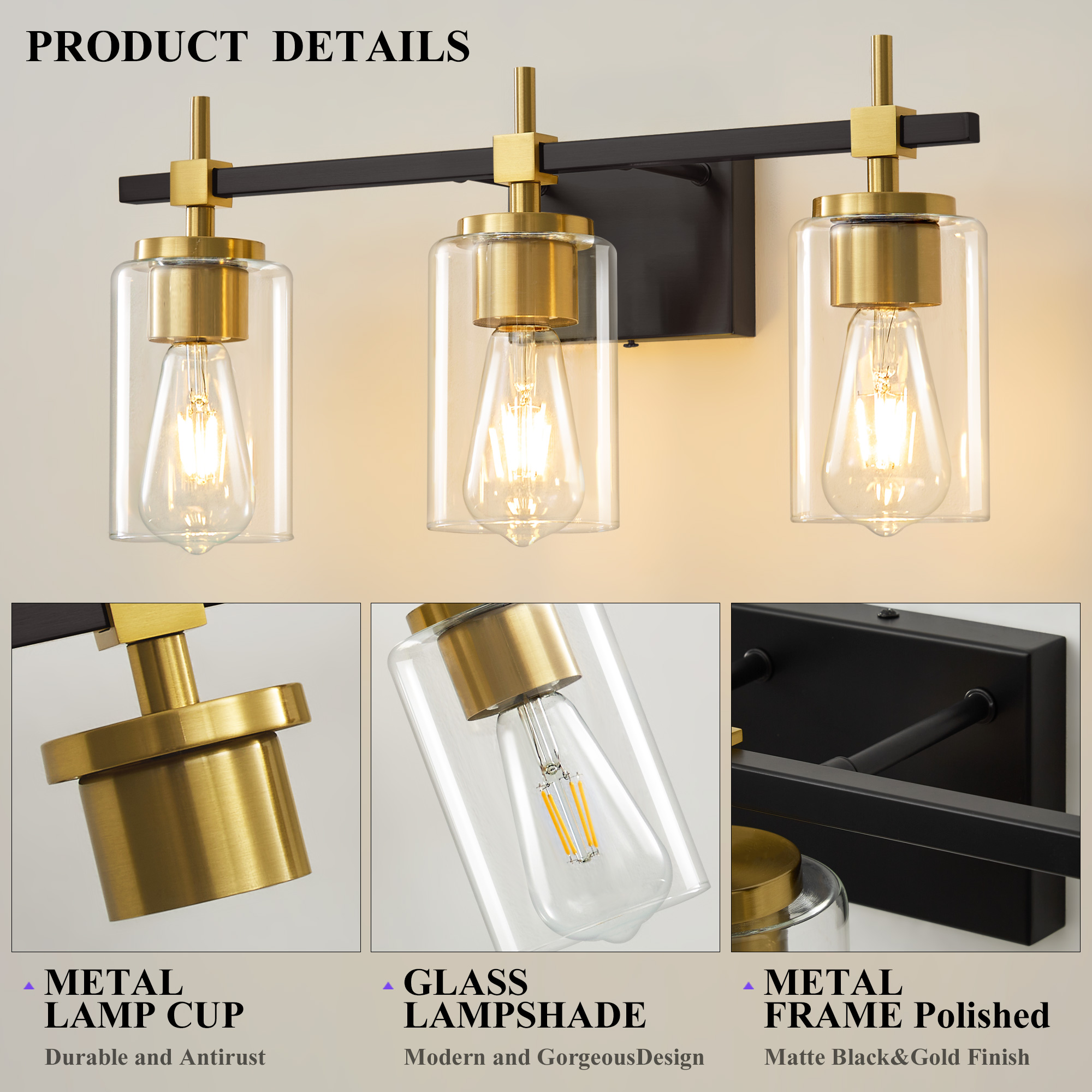 Deyidn 3-Light Black Gold Modern Vanity Light, 20-inch Luxury Mirror Lamp for Bathrooms and Bedroom