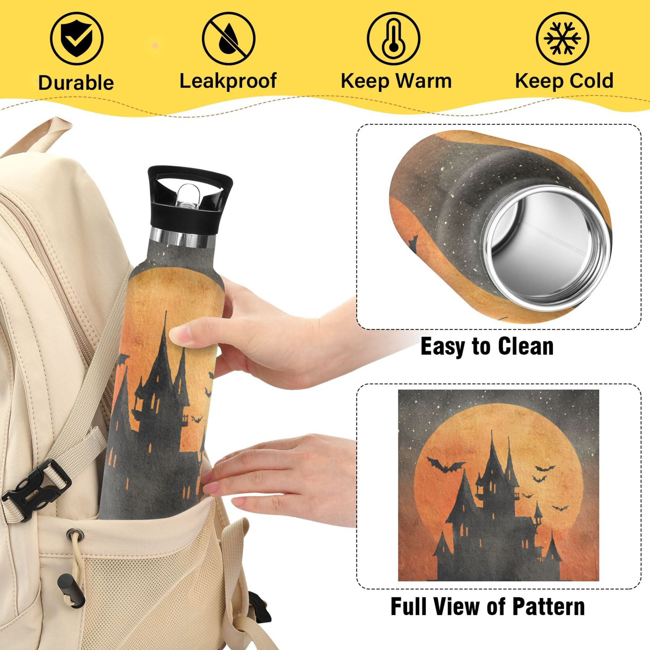 600ML Stainless Steel Insulated Cup Sports Water Bottle Portable Thermos Cup Water Glasses Insulated Tumblers Convenient and Durable Halloween Castle