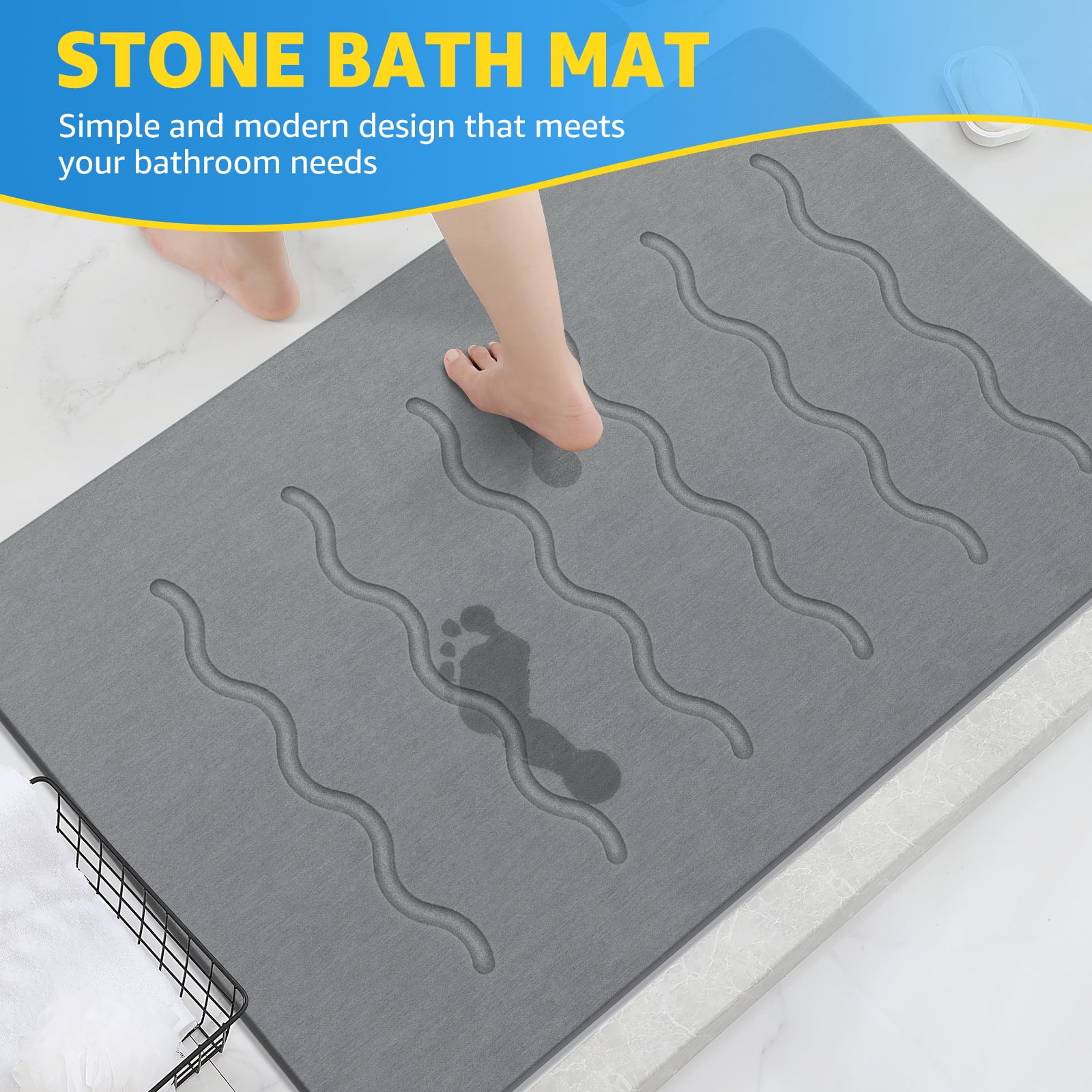 OTHWAY Large Stone Bath Mat, 32"x 20" Diatomaceous Earth Bath Mat for Bathroom, Quick Drying Long Bath Mat Stone Absorbing, Non-Slip Diatomite Hard Stone Shower Mat Instant Dry (Dark Grey)