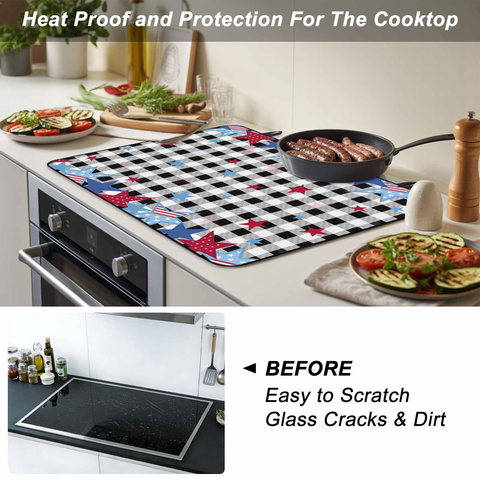 4th of July Stove Top Cover for Electric Stove, Heat-proof & Non Slip Glass Top Stove Cover Protector, Blue Red Star Independence Day Black Plaid Kitchen Flat Cooktop Rubber Mat 24x21 Inches