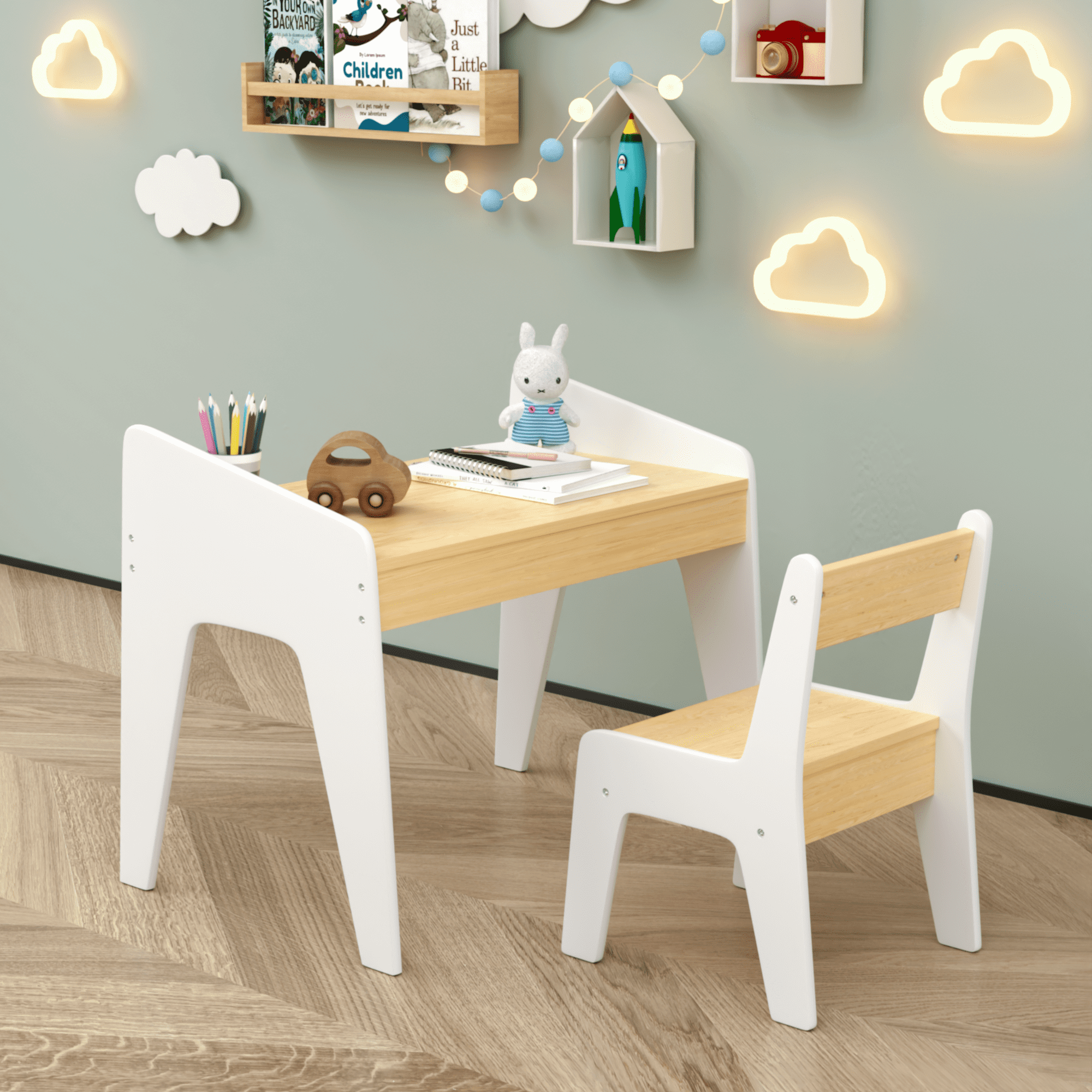 Kids Table Set with One Chair Wooden Children Study Table 2-8  Age Kids Funiture  White+Natural