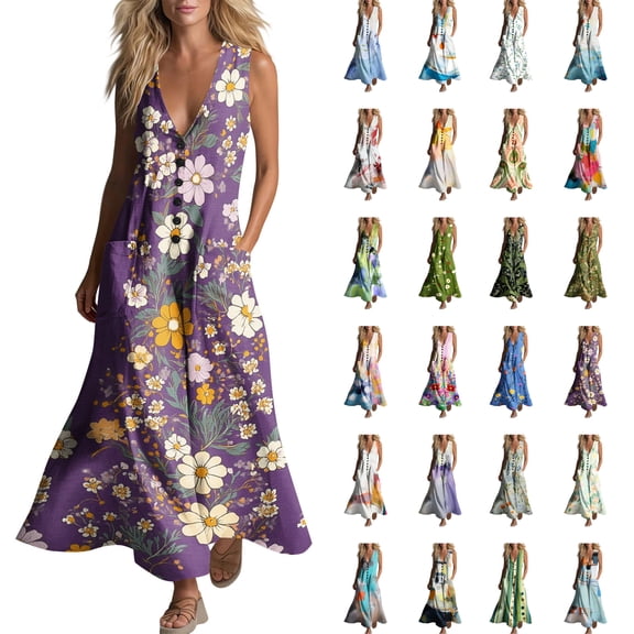 Summer Dresses for Women Casual Printed Sleeveless Pocket Maxi Dress, Loose V‑Neck Button Down Lightweight Cozy Home Lounge