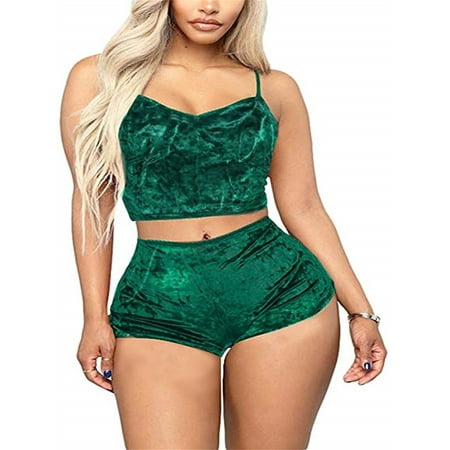 

Gureui 2PCS Women s Velvet Lingerie Set Solid Color Shoulder Straps Adjustable Sling Crop Top + Short Elastic Band Pants Slim Fit Summer Sleepwear Set