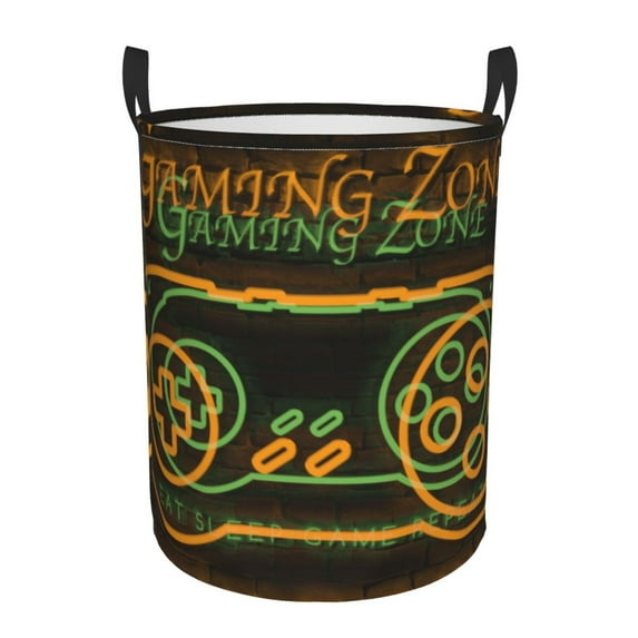 XMXY Round Laundry Basket Organizer, Neon Slogan Double Color Print Yellow Waterproof Collapsible Dirty Clothes Basket Laundry Hamper, Small Size