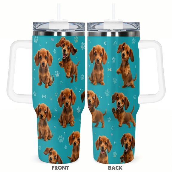40oz Cute Dachshund Puppy Tumbler with Handle and Straw Dog Paw Print Stainless Steel Insulated Travel Coffee Cup Gift