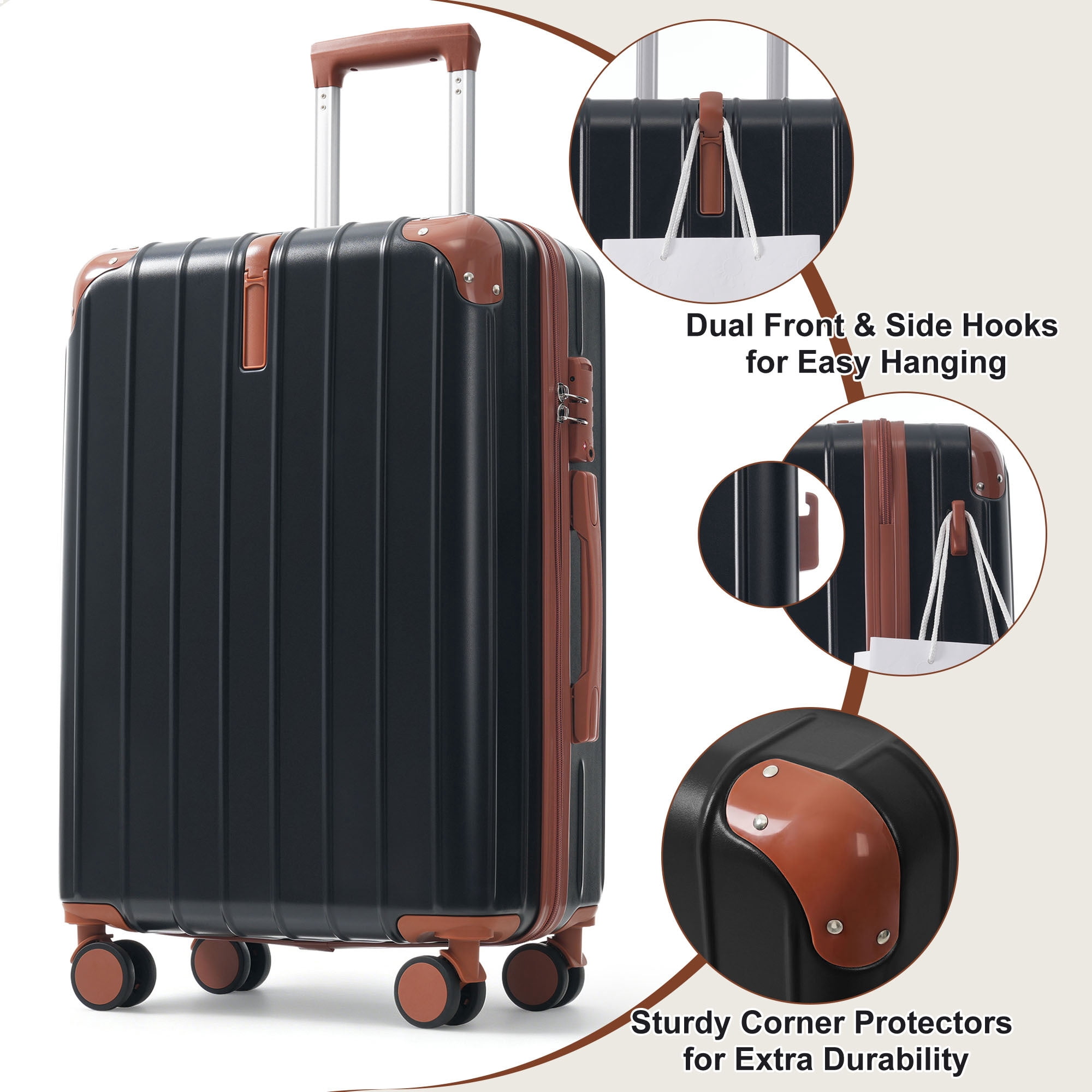 Euroco 3 Piece Luggage Sets, Lightweight Durable Hardshell Suitcase set with 360° Spinner Wheels,TSA Lock & Side Hooks,Large Checked Travel Suitcase for Family,Black