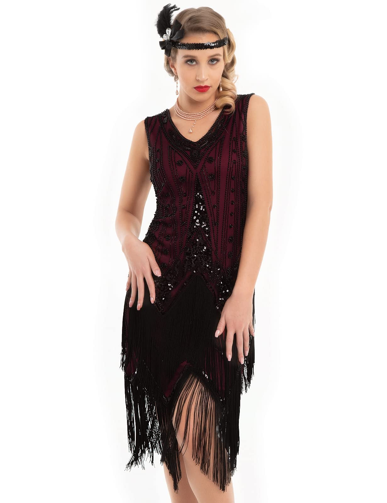 Womens 1920s Gatsby Dress V Neck Sequin Bead Fringed Cocktail Hem Flapper Dress