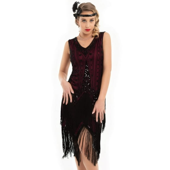 PrettyGuide Women's Flapper Dresses Sequin Pearl Fringe Dress V Neck 1920s Dress Art Deco Great Gatsby Dress