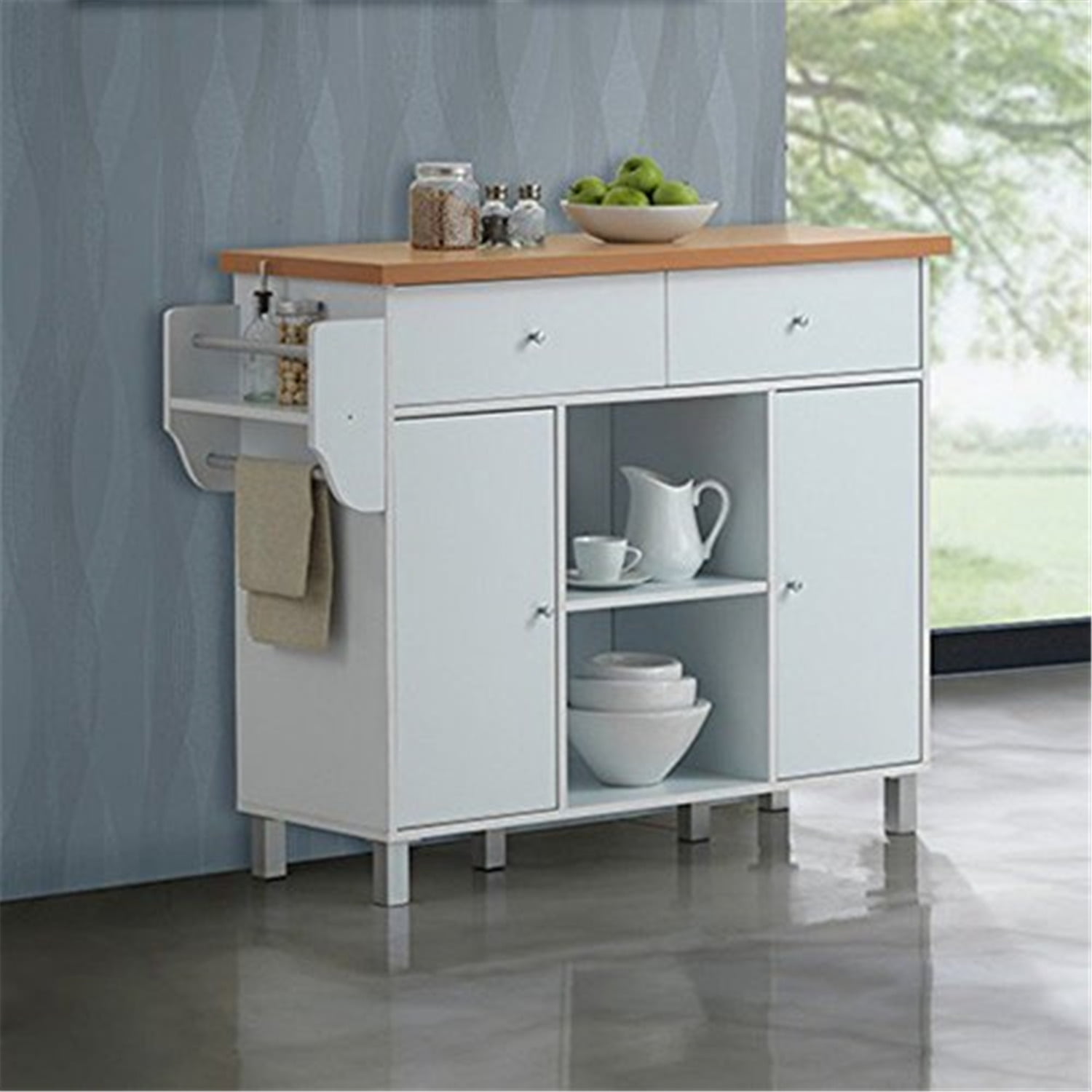 Hodedah Kitchen Island W/Spice Rack & Towel Rack White