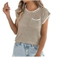 thumbnail image 3 of Horkkom Short Sleeve Sweater for Women Crew Neck Color Block Pullover Sweaters Summer Casual Tops with Pocket S, 3 of 9