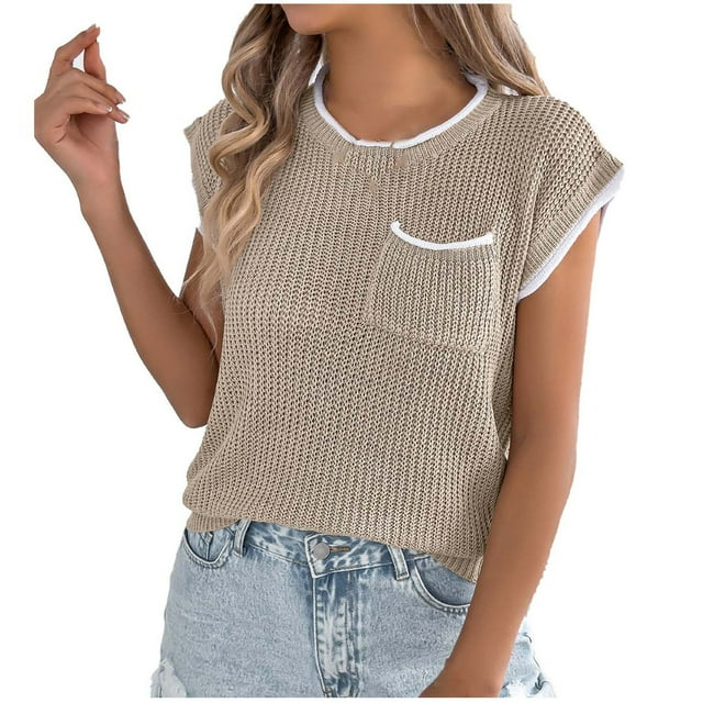HongQid Chandails à Manches Cap pour Femmes Hauts d'Été Rayés Amples Col Ras du Cou Légers Doux Chemises Chandail Tricoté