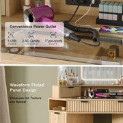48'' Modern Vanity Desk with HD Triple Mirror & Lights, Large Corner Vanity Table with Glass Top, Charging Station, Large 6 Drawers Makeup Table, for Bedroom or Dorm, Oak