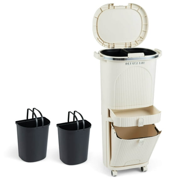 Costway 11 Gallon Kitchen Trash Can with Lid, 2 Removable Buckets, Drawer, Step Pedal