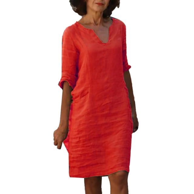 XDZJLR Robes pour Femmes et Lin Manches Courtes Vacances Semi Col en V Mini Jupe Couleur Unie