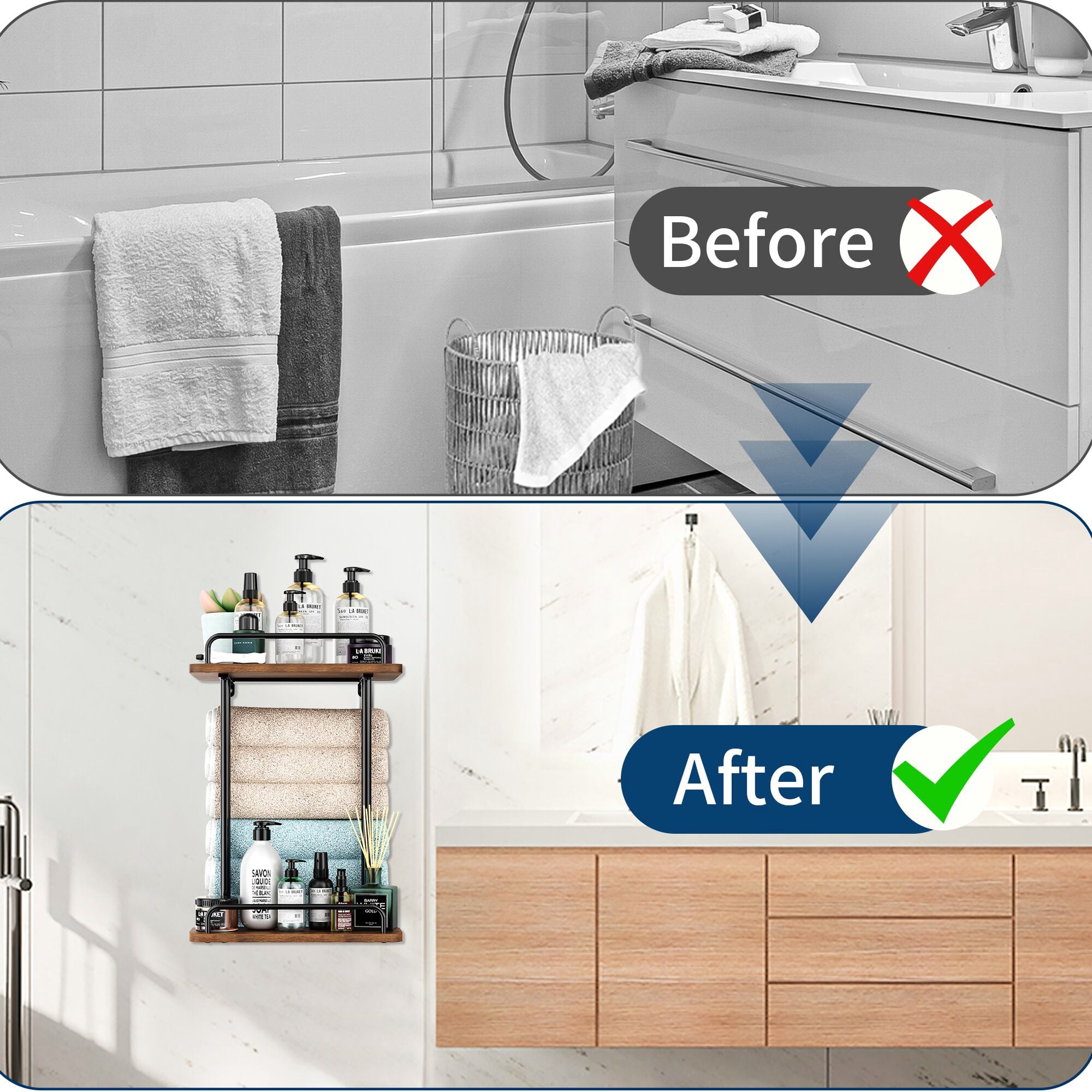 Bath Towel Storage for Small Bathroom Wall Mounted, 2 Tier Towel Shelf, Wall Towel Rack for Rolled Towels, Towel Holder with Metal Shelf, Towel Organizer with Hang Rod