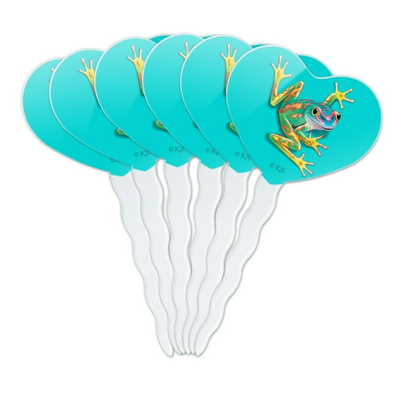 Big Tropical Rainbow Rainforest Tree Frog Heart Love Cupcake Picks Toppers Decoration Set of 6