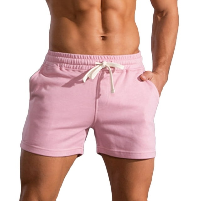 Men Solid Cotton Three-Point Pants Sports Elastic Mid-Waist Drawstring Workout Lace-Up Shorts(Pink,3XL)