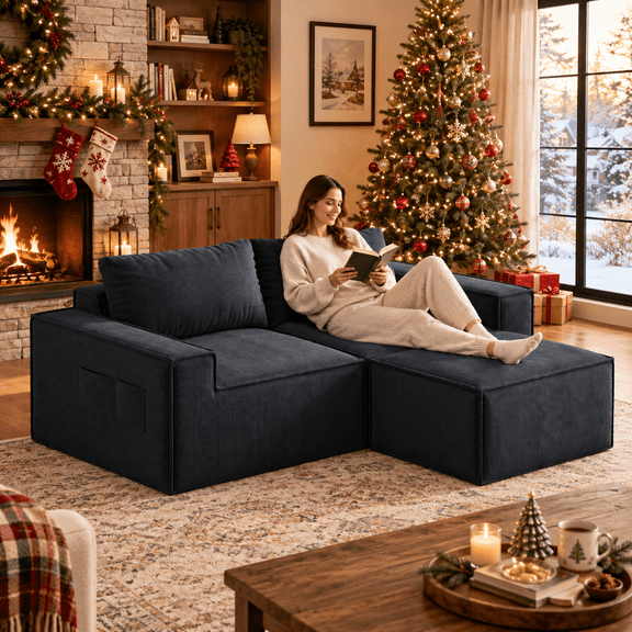 Boneless Couches for Living Room, Gizoon 80" Modular Sectional Sofa with Ottoman, Corduroy Cloud Sofa, Black