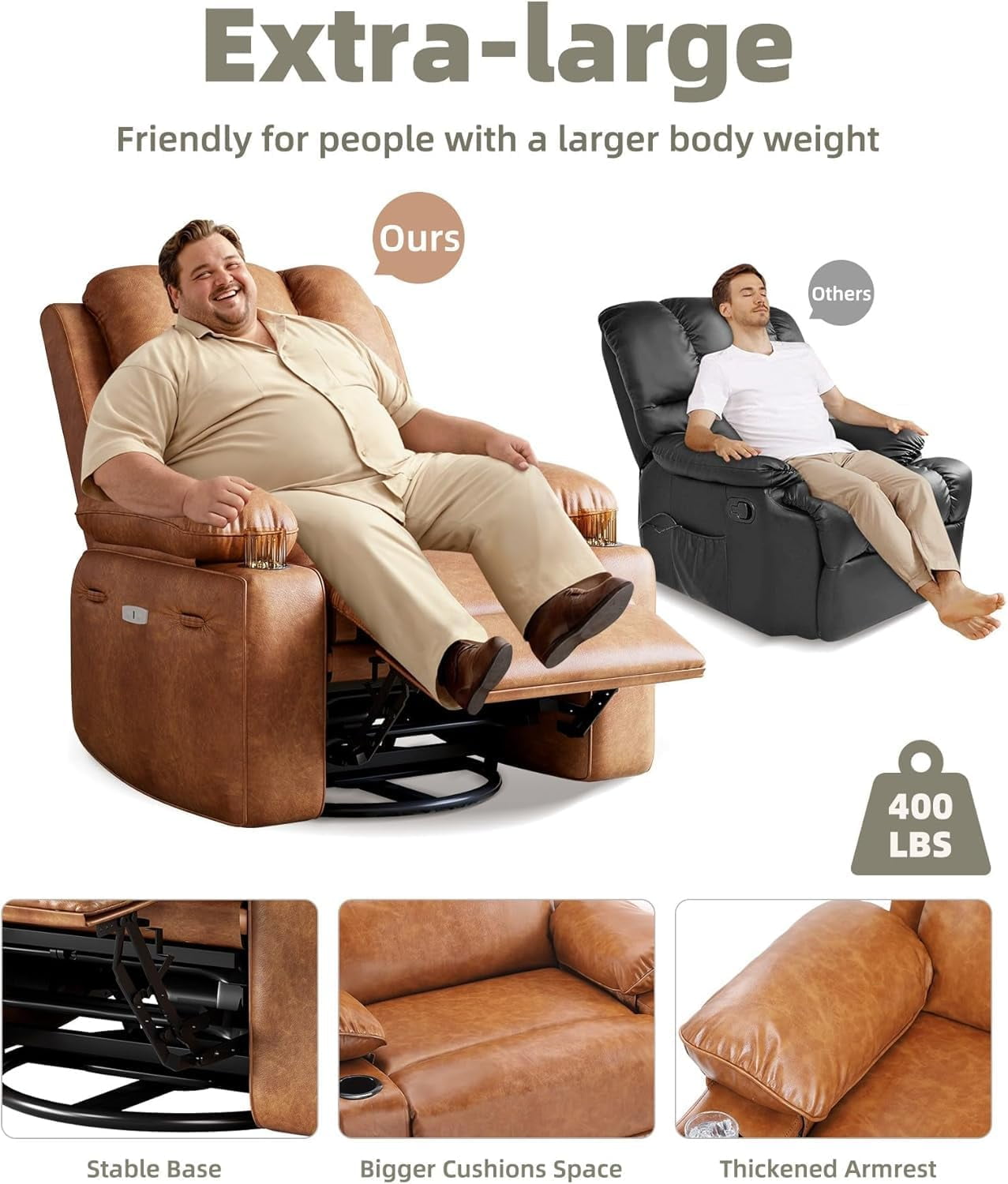 Oversized Electric Power Recliner Chair with Heat & Massage - 360° Swivel Rocker Recliner for Living Room, PU Leather Recliner with 1.5X Sponge Filling, 22" Large Seat Lazyboy Style.