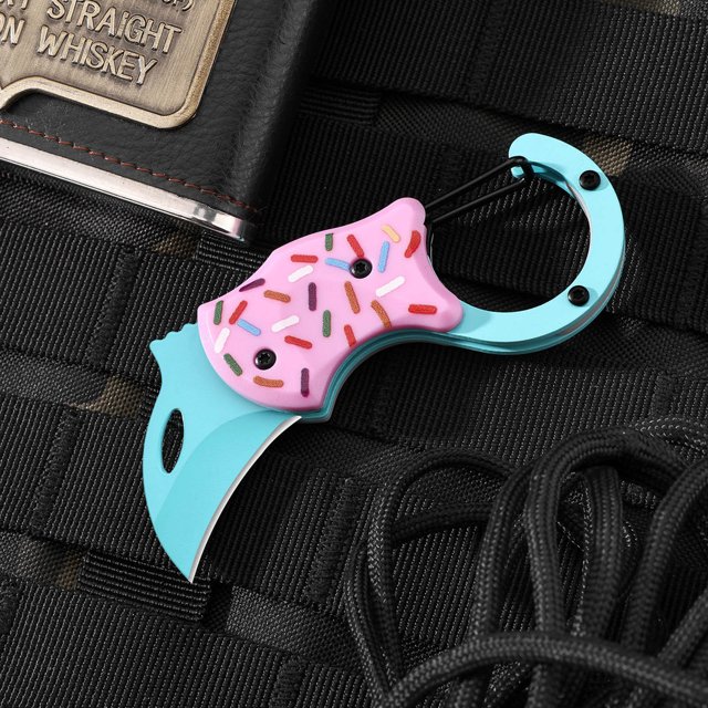 Gancho Para Exteriores Navaja plegable con mosquetón, hoja de acero inoxidable de 3,4 cm (1,34"), mini cúter para uso diario, 1 unidad, color rosa Rkxzt