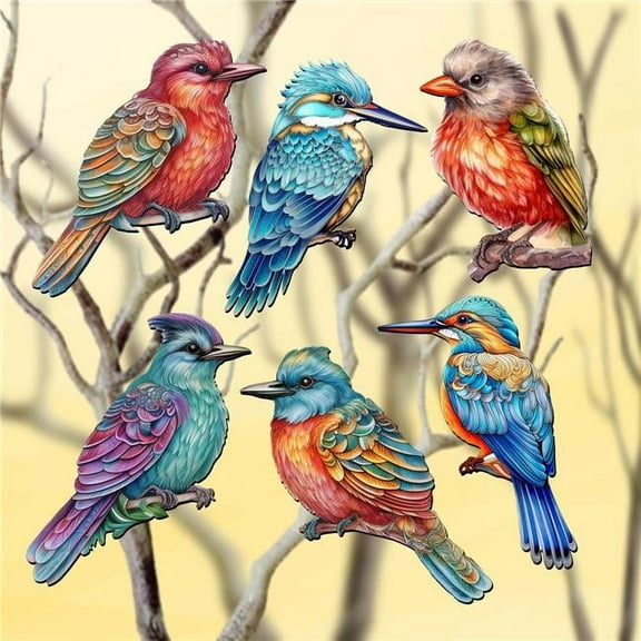 2 x 2 x 0.25 in. Colorful Birds Decorative Wooden Clip-on Ornaments Christmas Decor, Set of 6